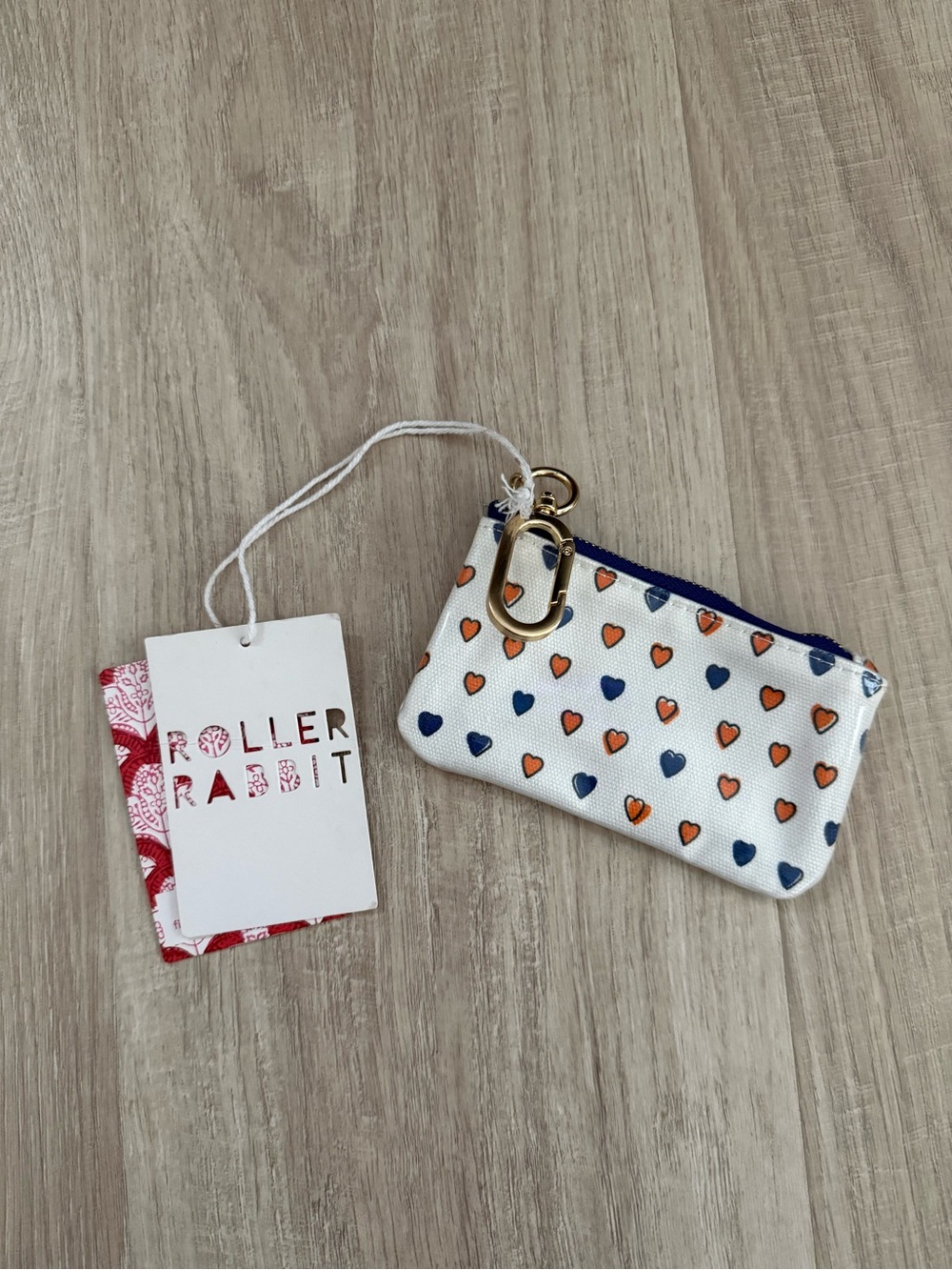 NWT Roller Rabbit Rare Hearts Coin Purse | Orange/Navy Blue | One Size